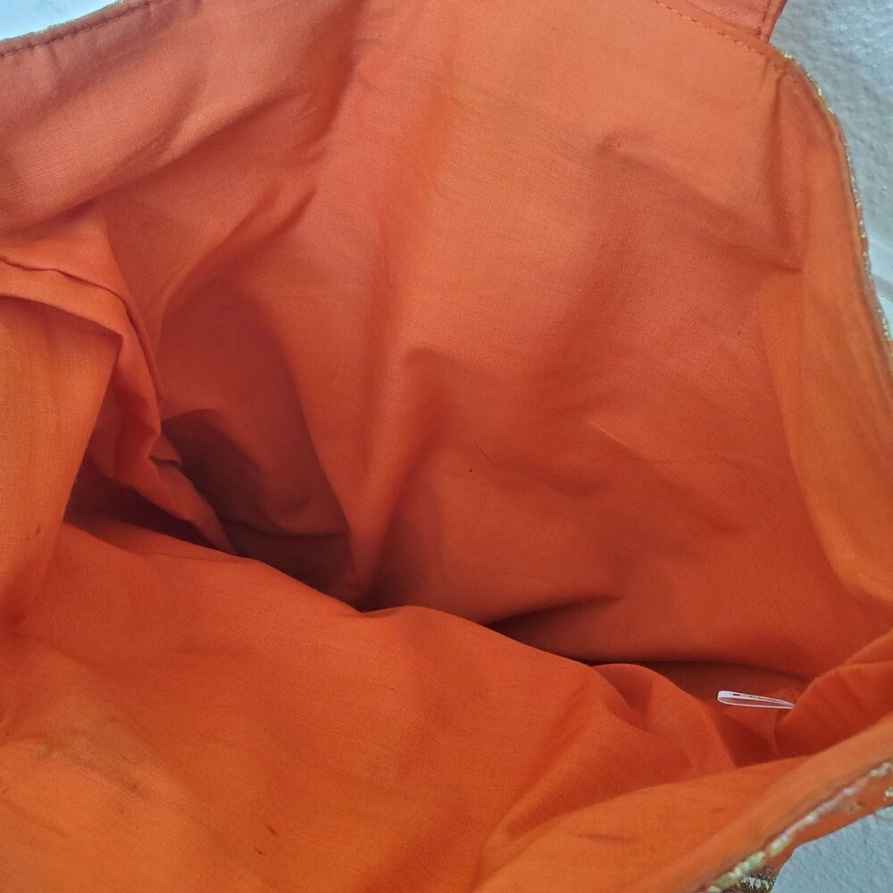 Vintage Orange Brocade Bamboo Handle Bag Gold Metallic Fan Floral Tote Handbag - Picture 14 of 16